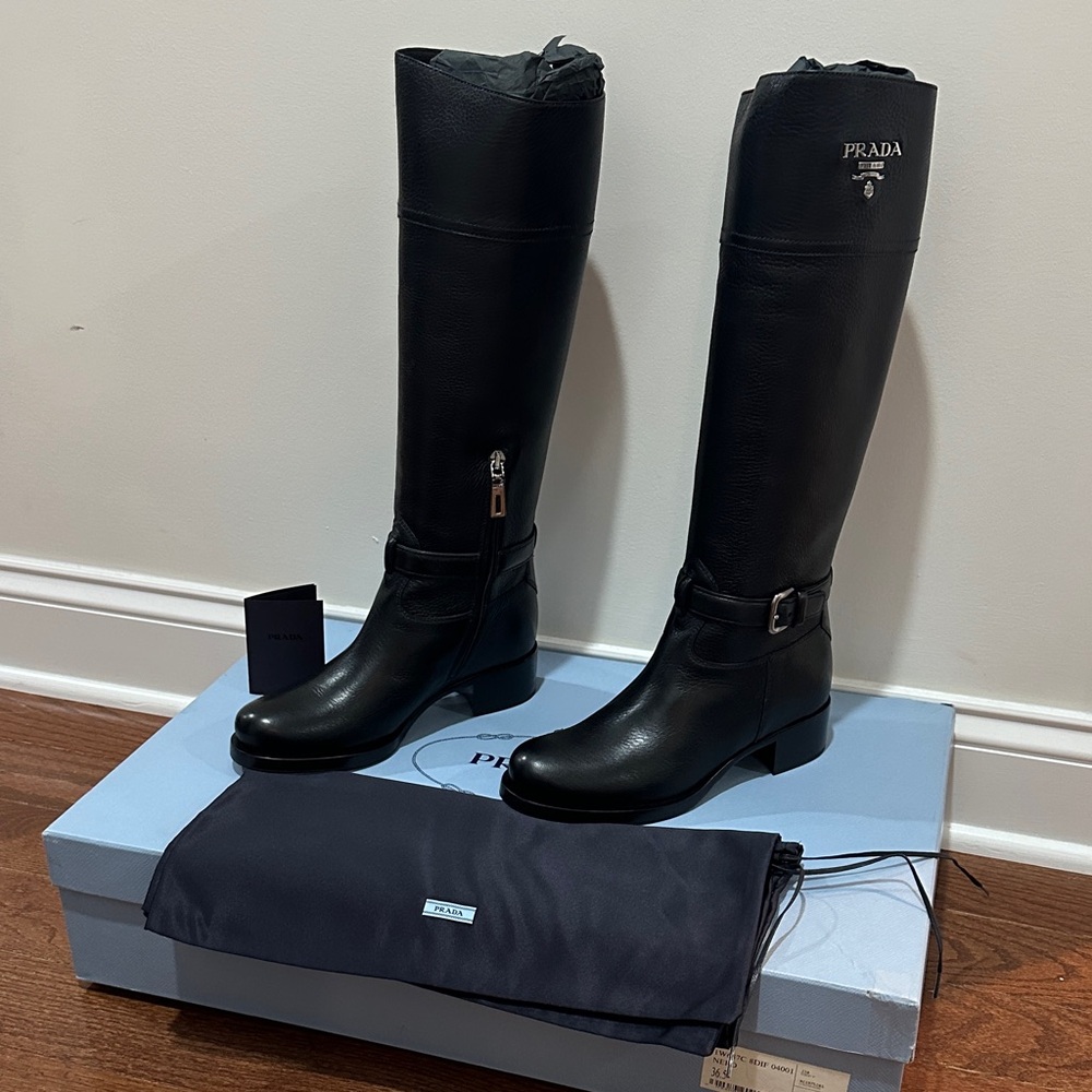 Prada Black Leather Tall Riding Boots 36.5 BNIB